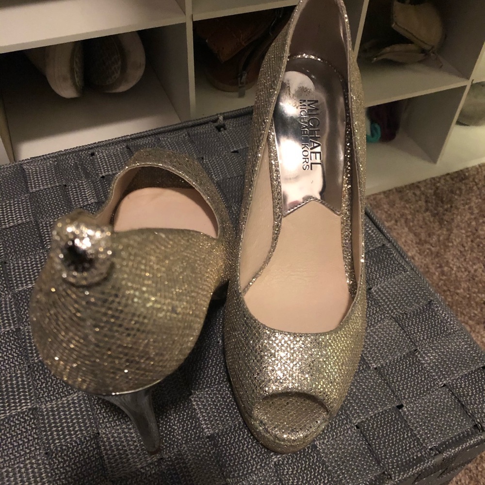 MK gold open toe stiletto pumps